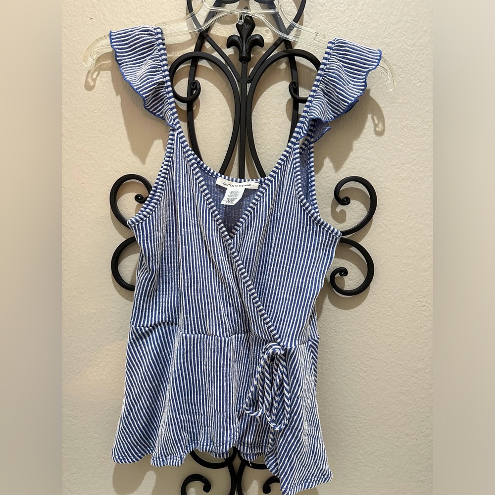 Ruffle Sleeve Blue & White Striped Top